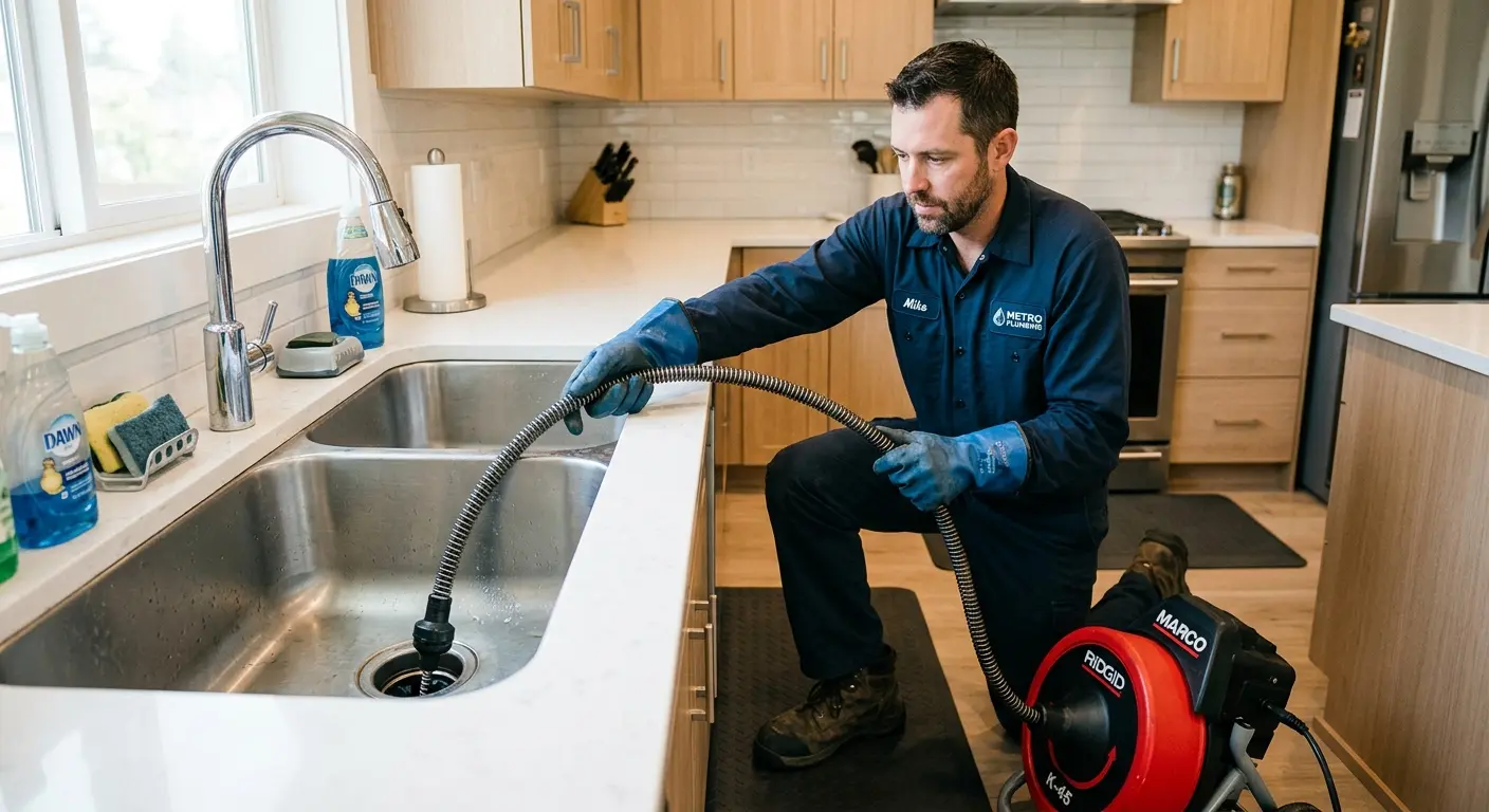 Drain cleaning technician using a motorized snake on a kitchen sink in Midland