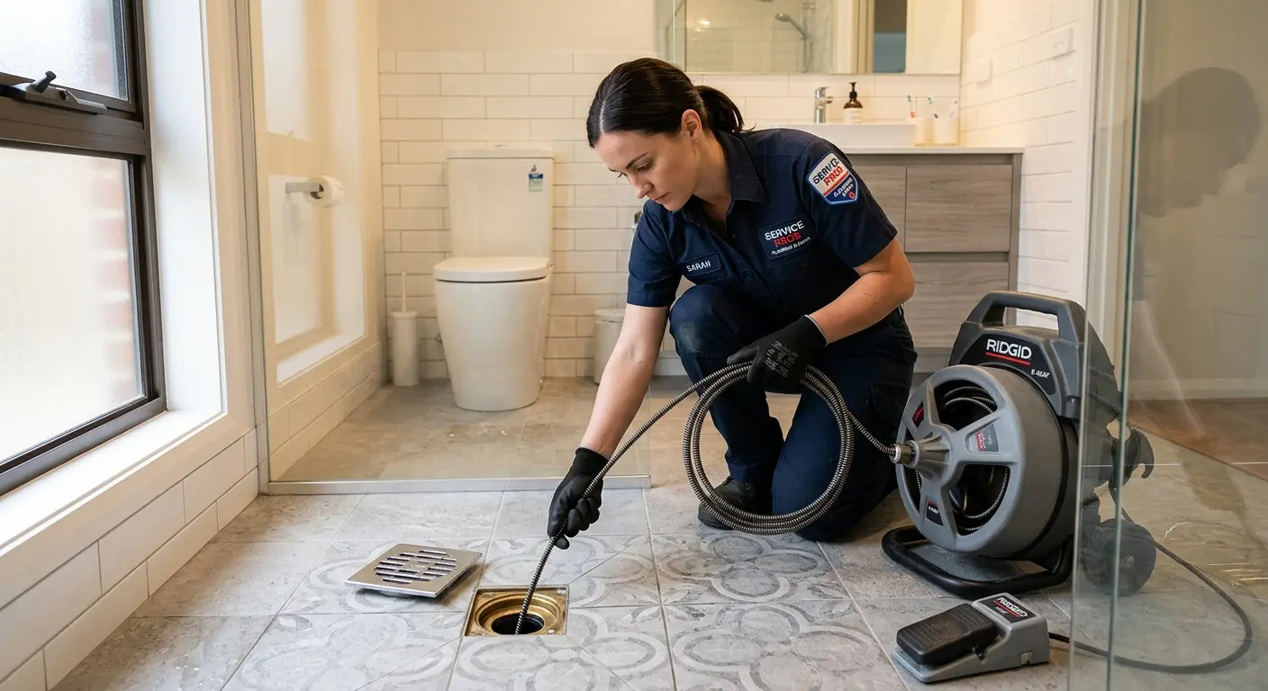 Technician clearing a bathroom floor drain for Drain Cleaning in Midland